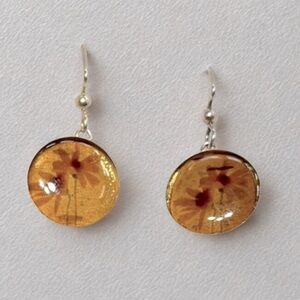 Silver, FloralMinimalist Dangle Earrings with Amber‎ Glass Pendants